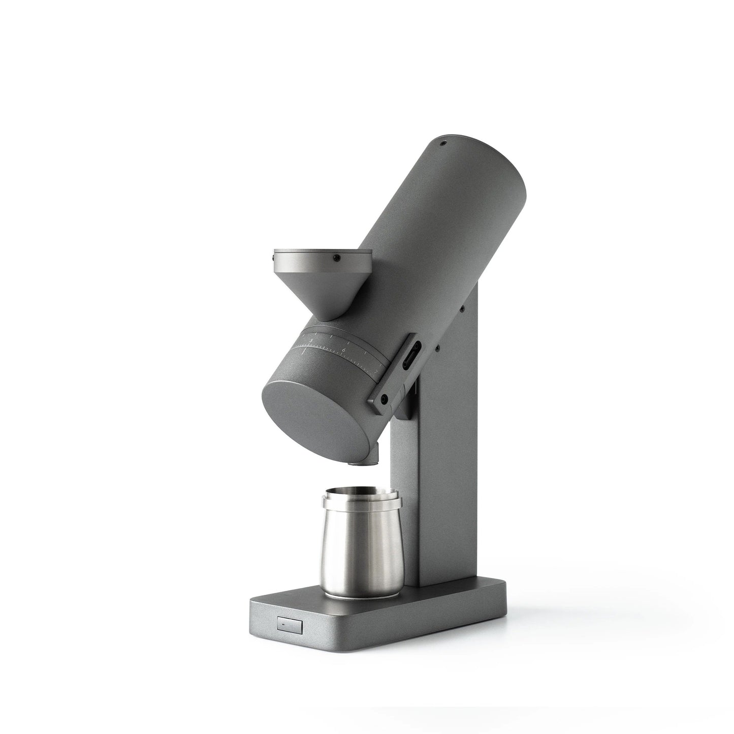 Acaia Orbit Single Dose Grinder elektrische Kaffeemühle grau mit silbernem Dosierbecher