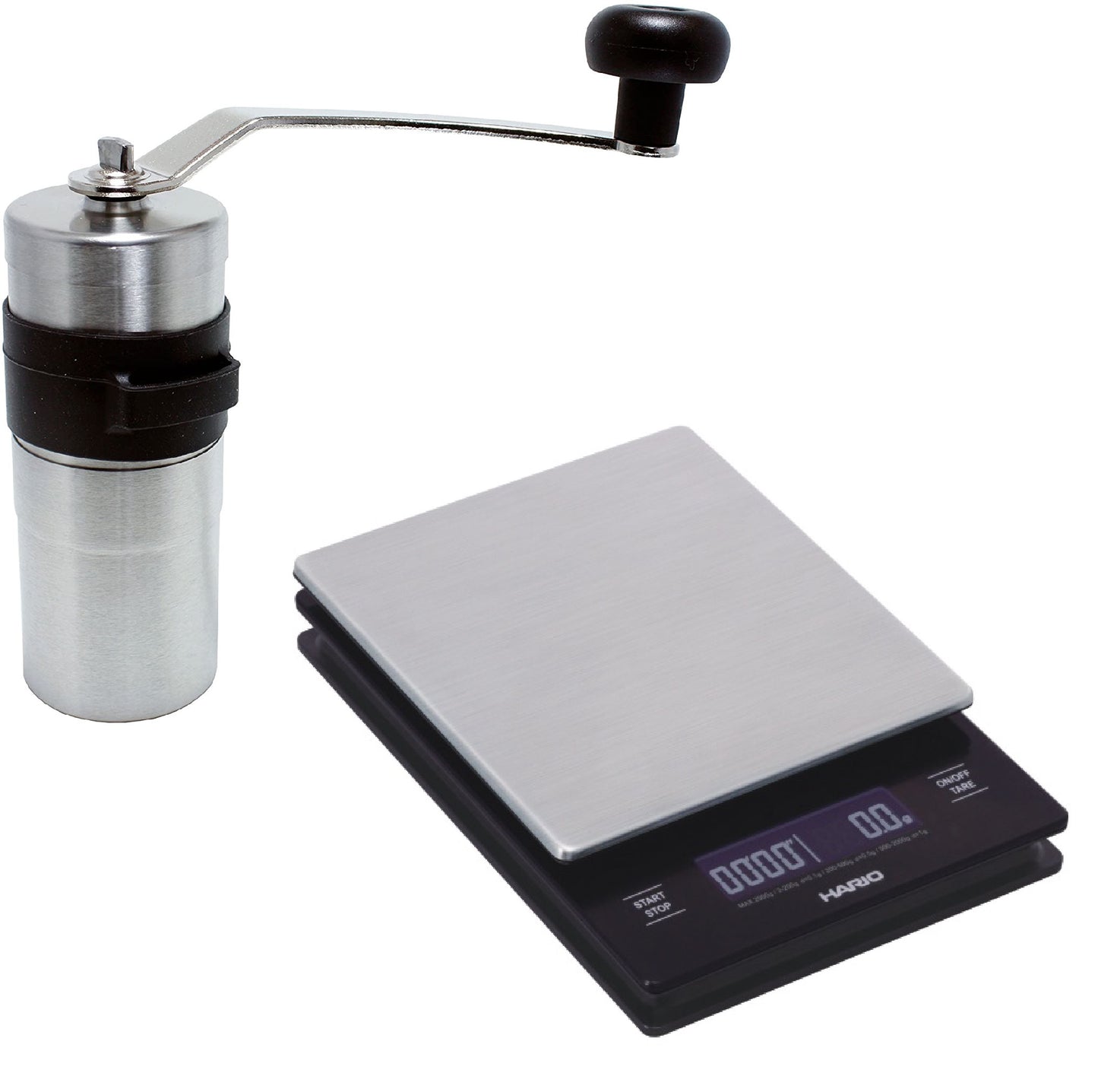 Porlex Mini II Kaffeemühle und Hario Waage V60 Metal Drip Scale