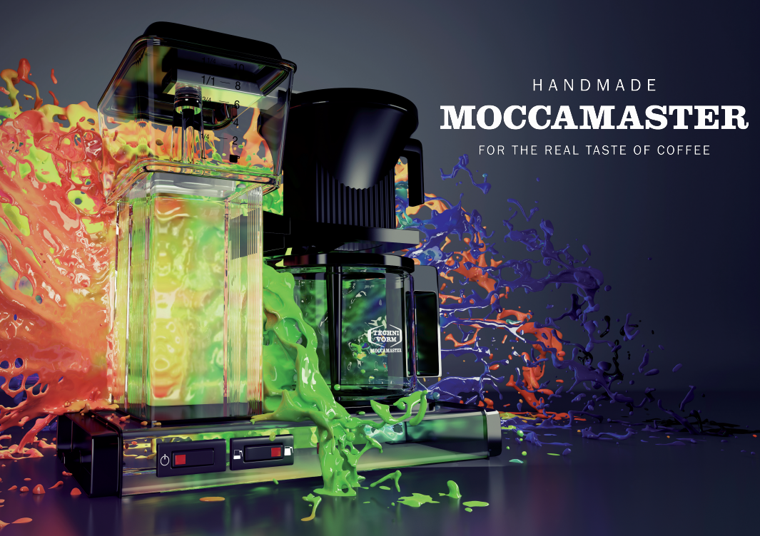 Moccamaster Plakat mit bunten Kaffeemaschinen