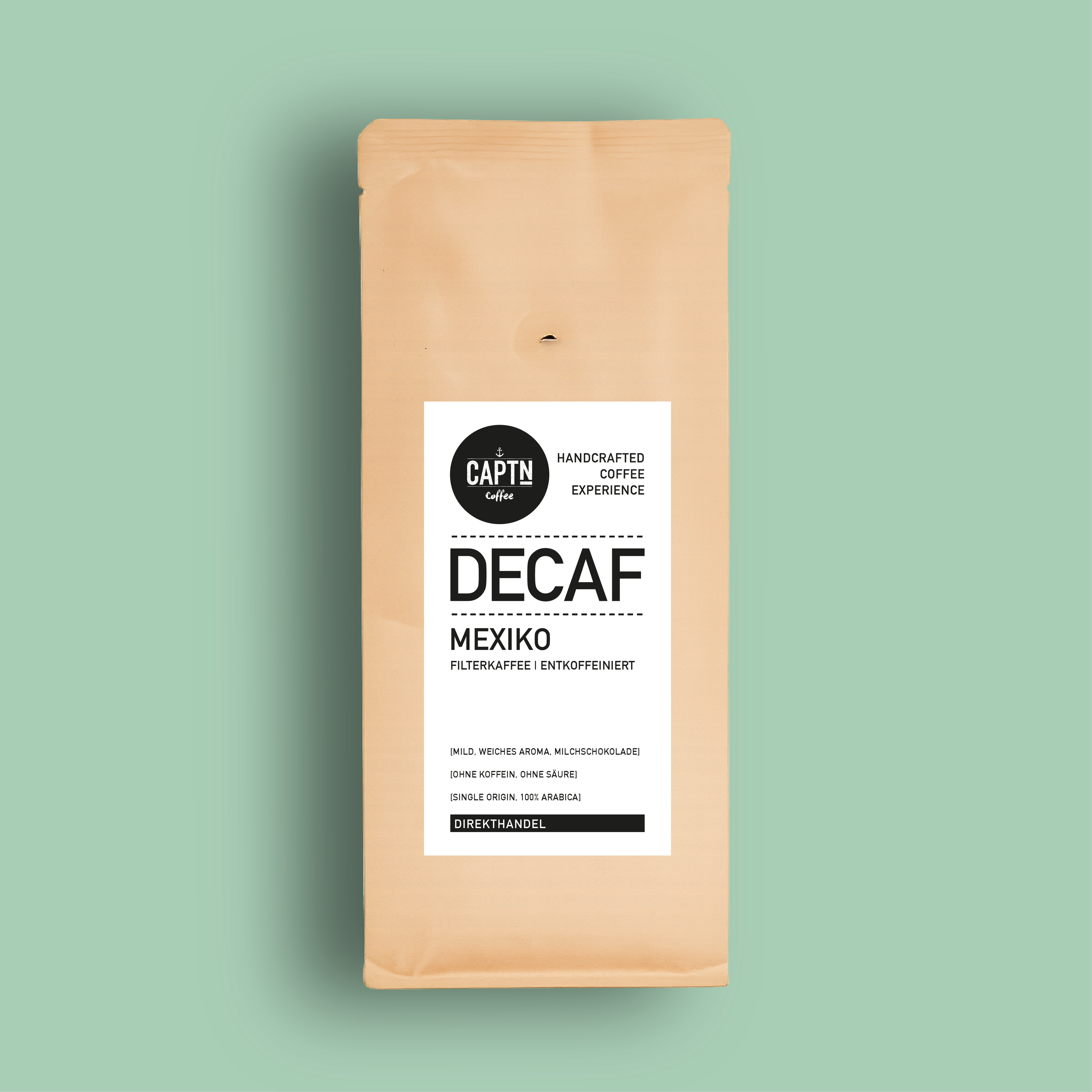 Decaf Kaffee Beutel auf Mint-grünem Hintergrund