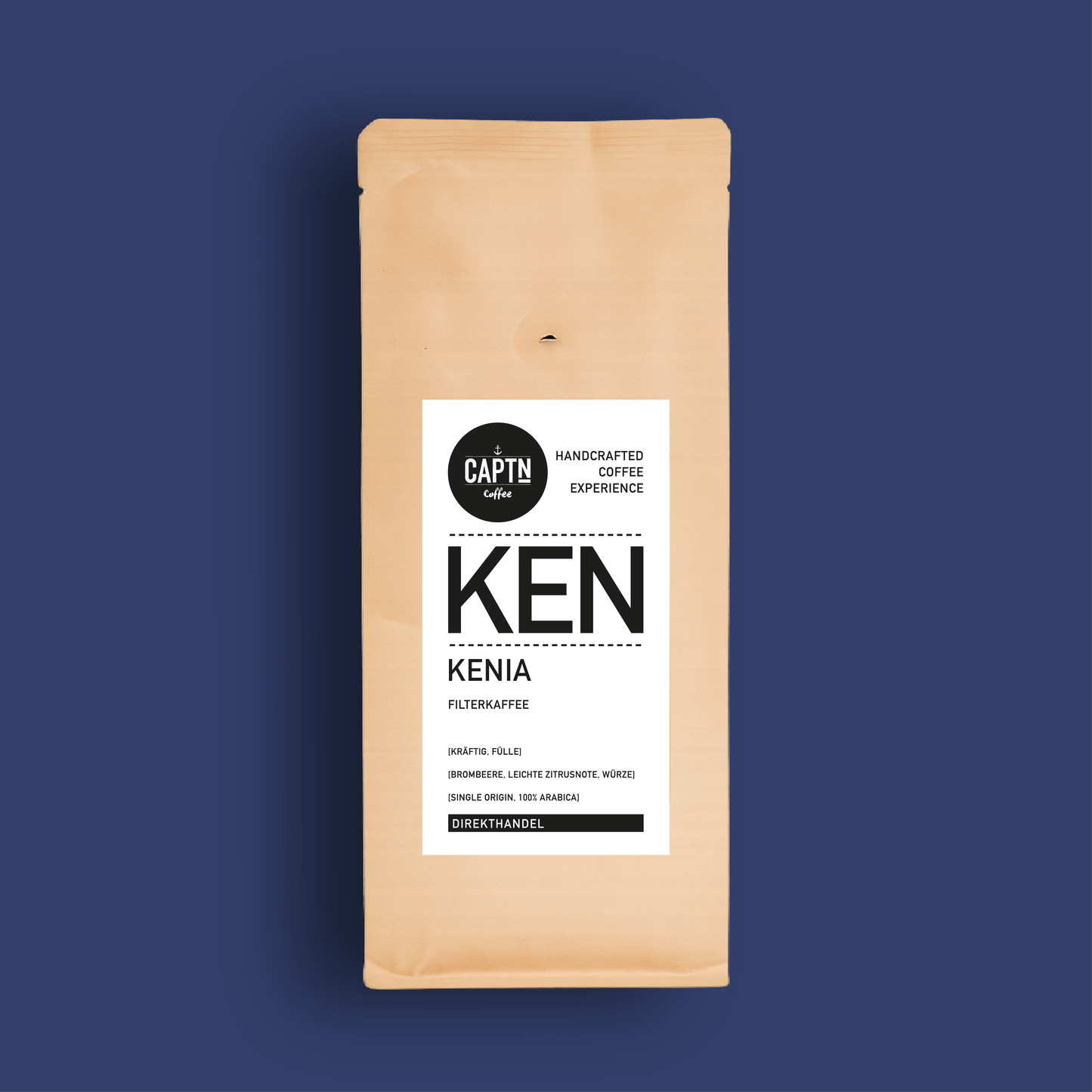Kenia Kaffee Beutel auf dunkelblauem Hintergrund