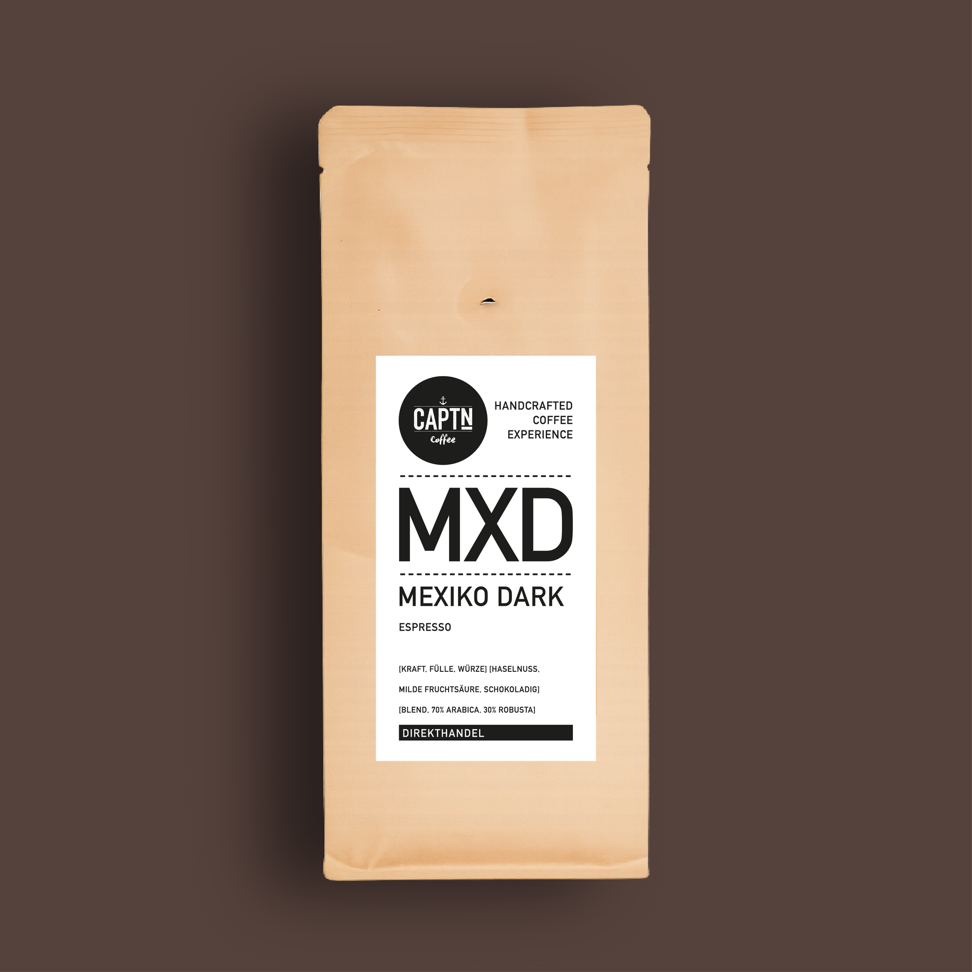 Mexiko Dark Kaffee Beutel auf dunkel braunem HIntergrund
