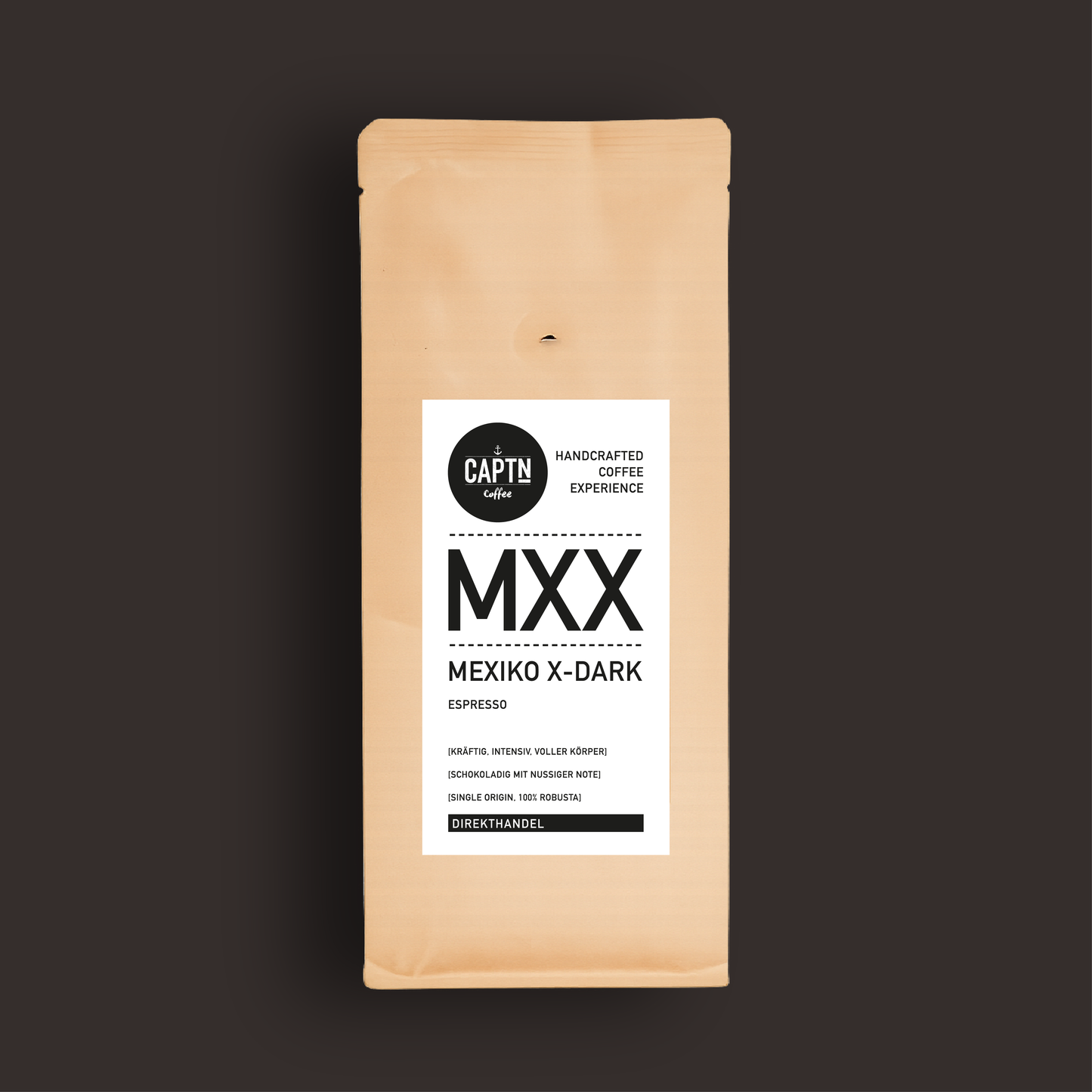 Mexiko Extra Dark Kaffee Beutel auf schwarzem Hintergrund