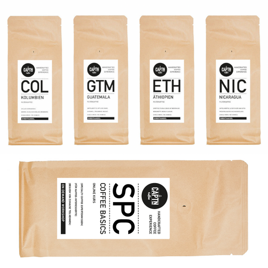 Probierpaket Filterkaffee "Mild vs. Kräftig" 4x 250g + Baristakurs - Specialty Coffee Basics (Online)