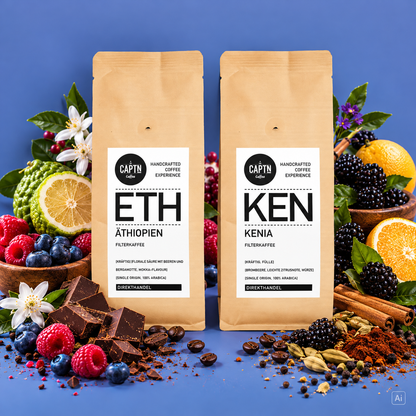 Zwei Kaffeebeutel mit Früchten auf lila Hintergrund