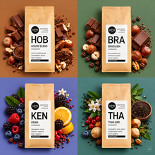Probierpaket Kaffeebeutel auf buntem Hintergrund