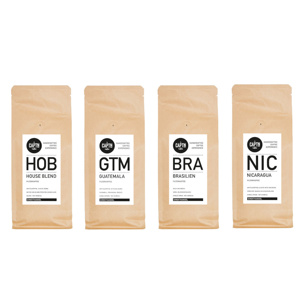 Sample pack of filter coffee mild 4x 250g - 4 types of coffee, mixed
