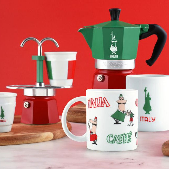 Bialetti Moka Express Italia Tricolore Espressokocher mit italienischen Kaffeetassen